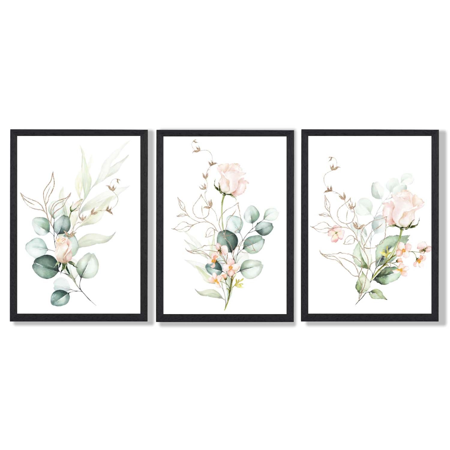 Pink Floral Roses Set of 3 Framed Art Prints with Black Wooden Frames