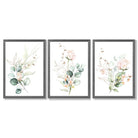 Pink Floral Roses Set of 3 Framed Art Prints with Dark Grey Wooden Frames
