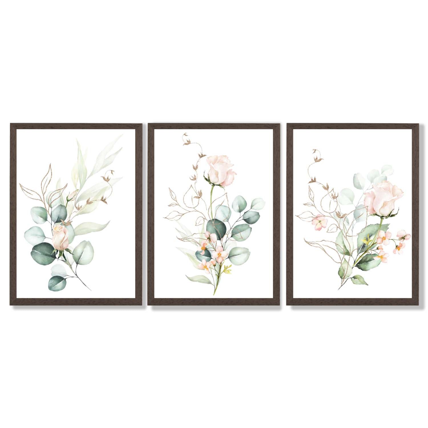 Pink Floral Roses Set of 3 Framed Art Prints with Dark Wood Frames