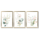 Pink Floral Roses Set of 3 Framed Art Prints with Gold Wood Frames