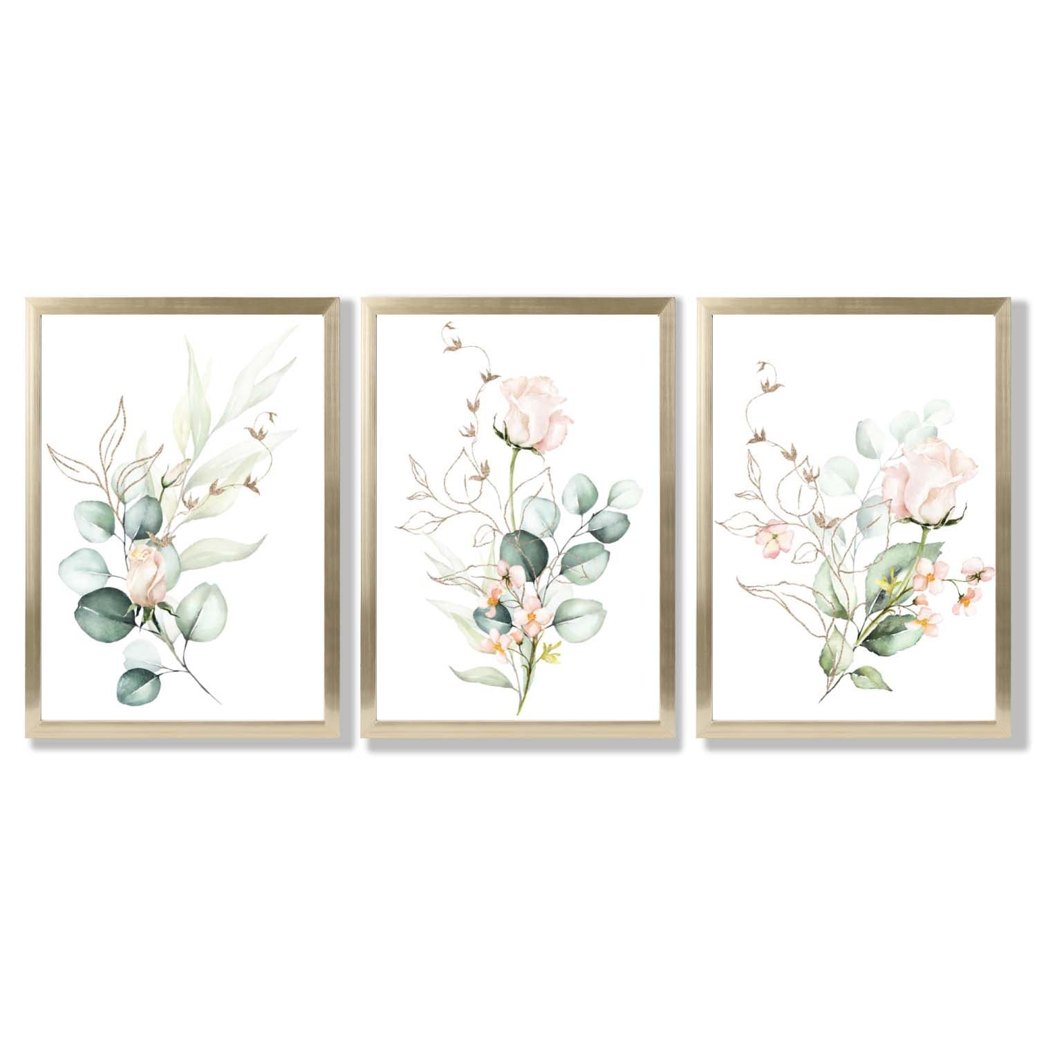 Pink Floral Roses Set of 3 Framed Art Prints with Gold Wood Frames