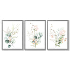Pink Floral Roses Set of 3 Framed Art Prints with Light Grey Wooden Frames