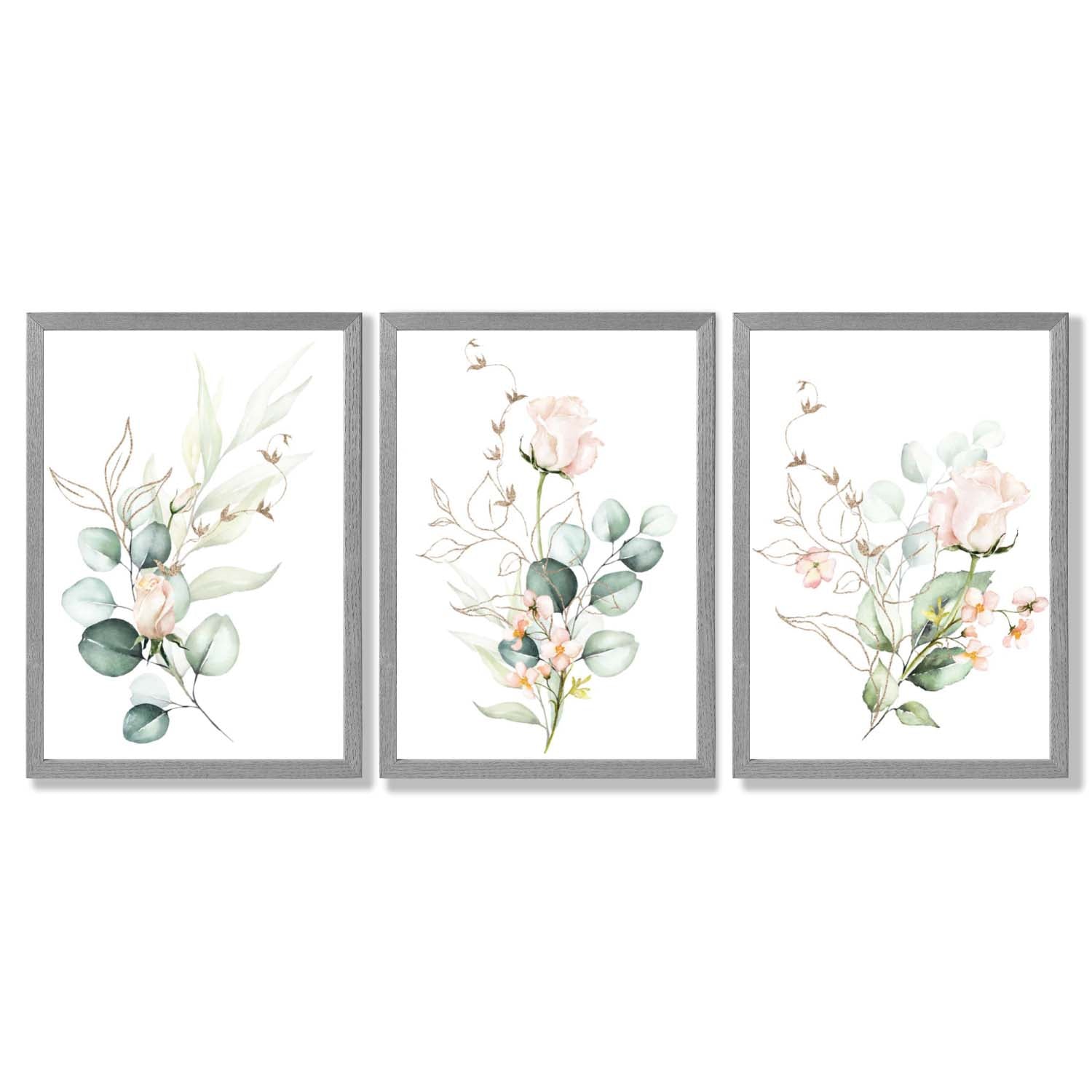 Pink Floral Roses Set of 3 Framed Art Prints with Light Grey Wooden Frames