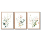 Pink Floral Roses Set of 3 Framed Art Prints with Light Oak Frames