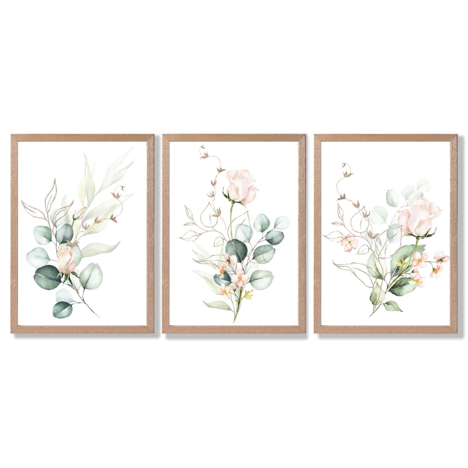 Pink Floral Roses Set of 3 Framed Art Prints with Light Oak Frames