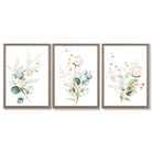 Pink Floral Roses Set of 3 Framed Art Prints with Light Walnut Frames