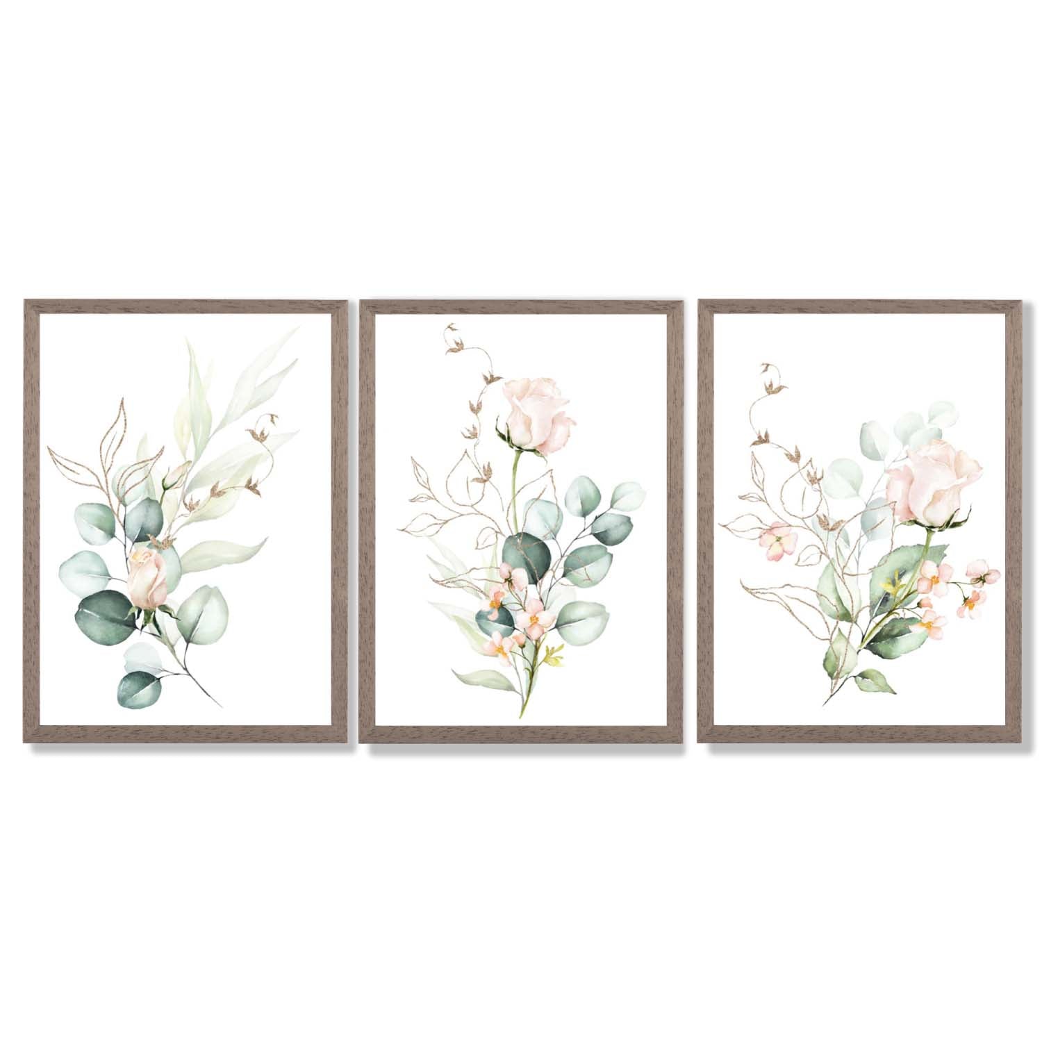 Pink Floral Roses Set of 3 Framed Art Prints with Light Walnut Frames