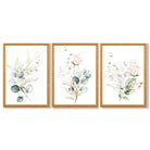 Pink Floral Roses Set of 3 Framed Art Prints with Oak Wooden Frames