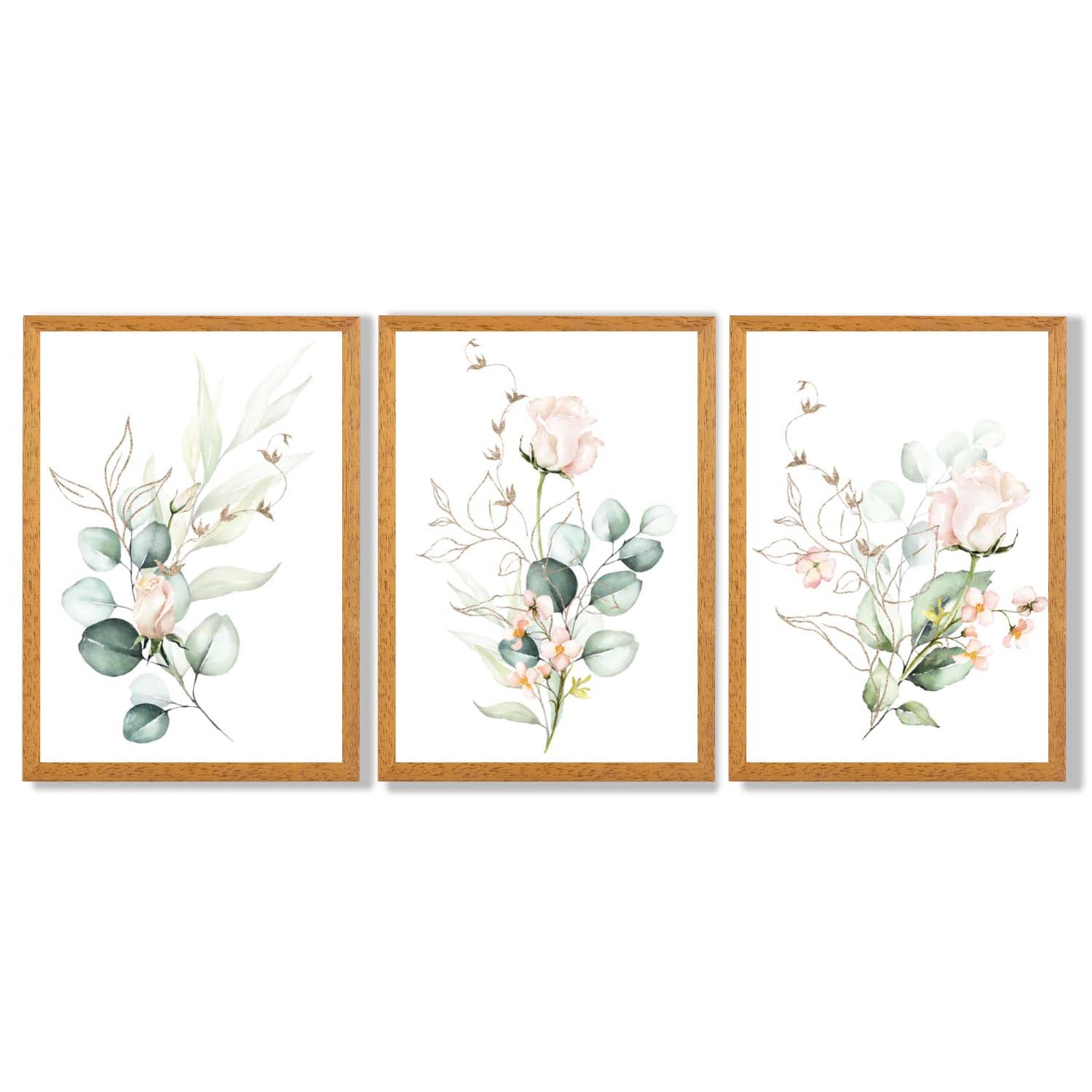 Pink Floral Roses Set of 3 Framed Art Prints with Oak Wooden Frames