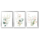 Pink Floral Roses Set of 3 Framed Art Prints with Silver Wood Frames