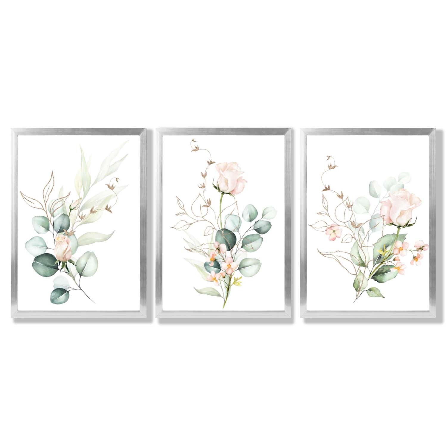 Pink Floral Roses Set of 3 Framed Art Prints with Silver Wood Frames