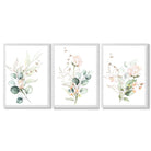 Pink Floral Roses Set of 3 Framed Art Prints with White Wooden Frames