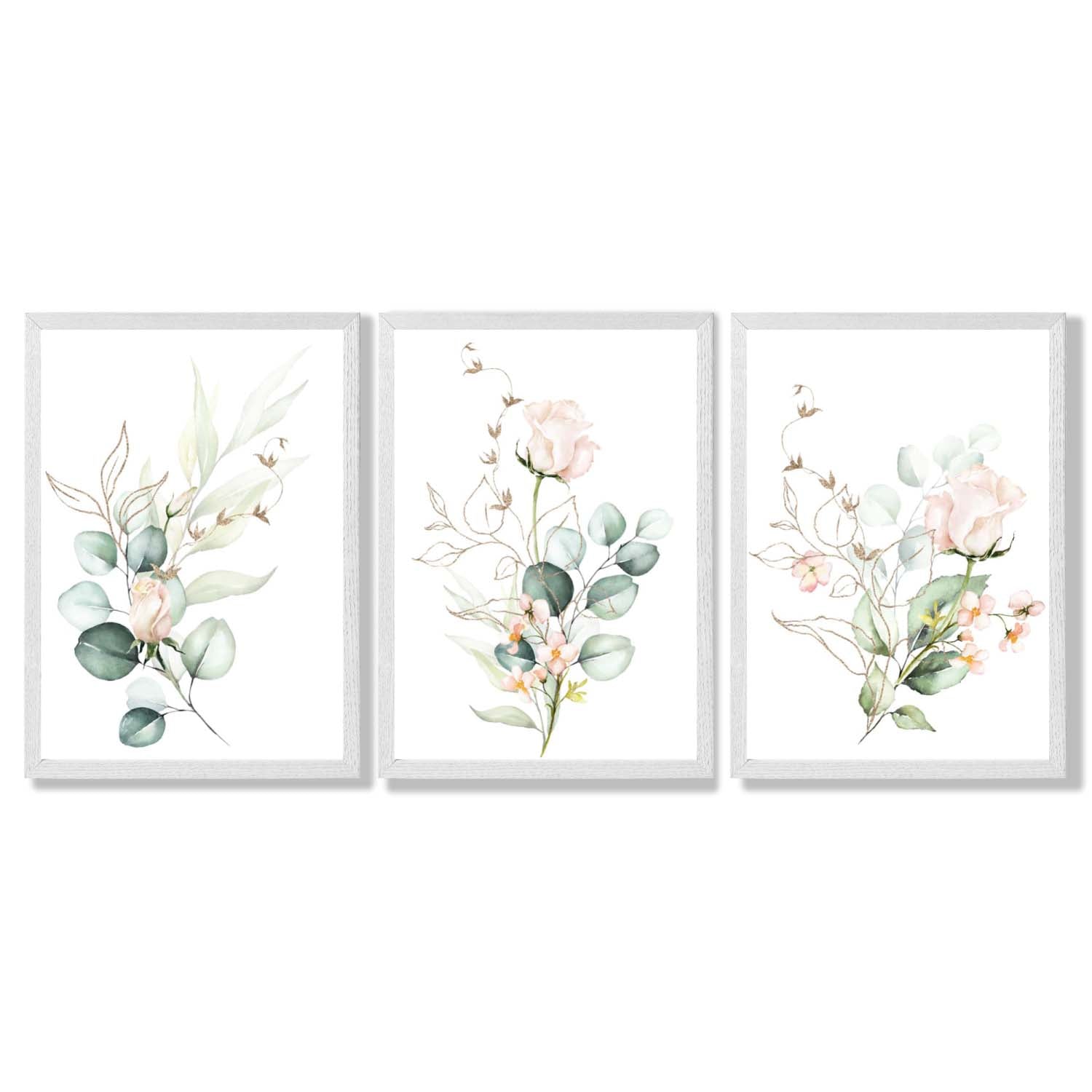Pink Floral Roses Set of 3 Framed Art Prints with White Wooden Frames