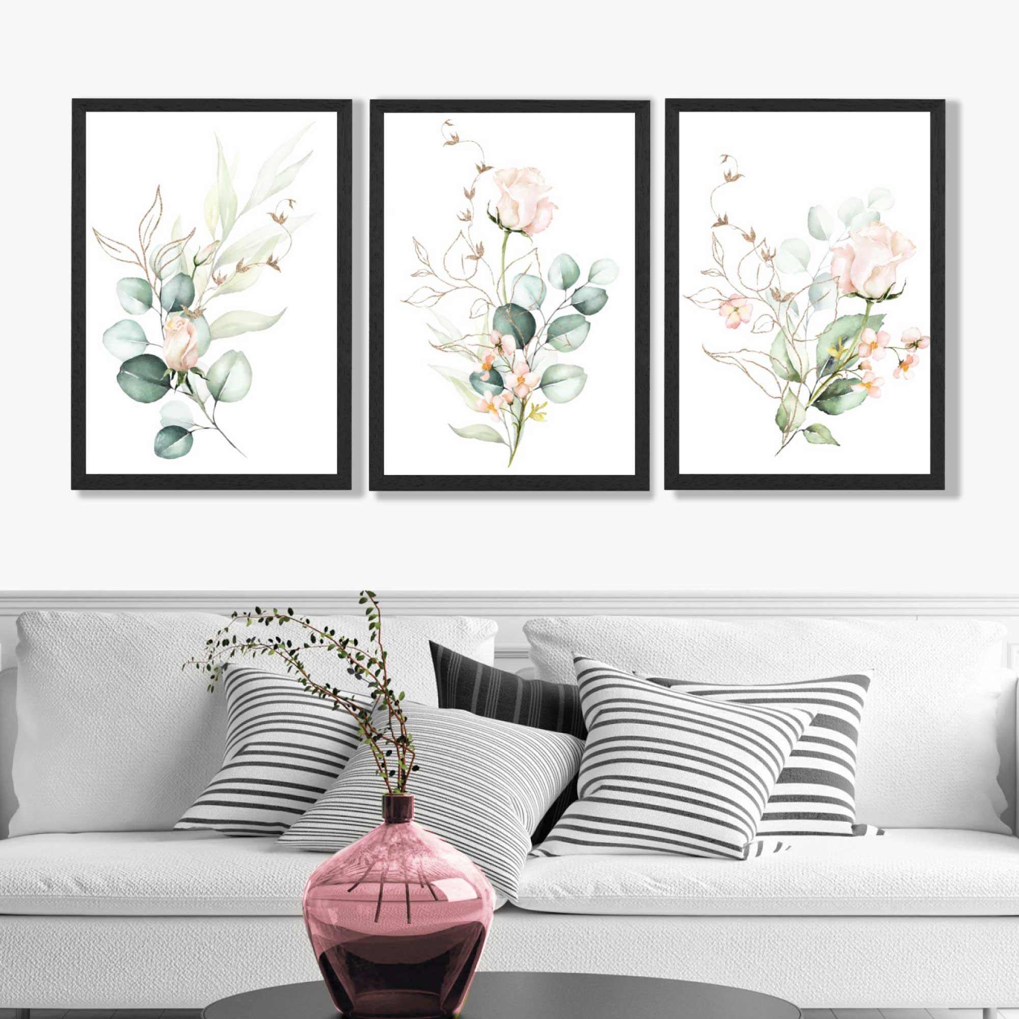 Pink Floral Roses Set of 3 Art Prints in Black Frames | Artze UK