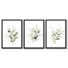 White an Green Floral Bouquets Set of 3 Framed Art Prints with Black Wooden Frames