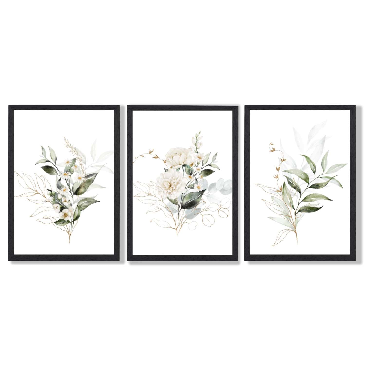 White an Green Floral Bouquets Set of 3 Framed Art Prints with Black Wooden Frames