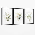 White an Green Floral Bouquets Set of 3 Canvas Art Prints with Black Float Frame