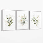 White an Green Floral Bouquets Set of 3 Canvas Art Prints with White Float Frame