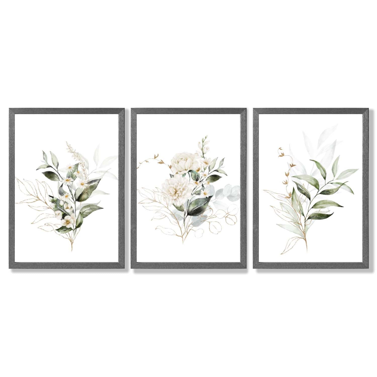 White an Green Floral Bouquets Set of 3 Framed Art Prints with Dark Grey Wooden Frames