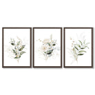 White an Green Floral Bouquets Set of 3 Framed Art Prints with Dark Wood Frames