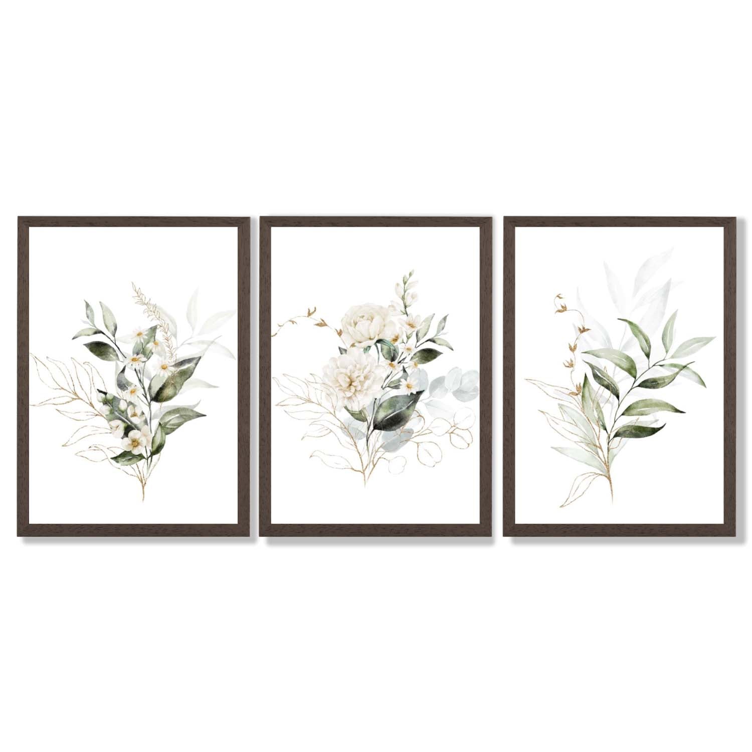 White an Green Floral Bouquets Set of 3 Framed Art Prints with Dark Wood Frames