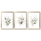 White an Green Floral Bouquets Set of 3 Framed Art Prints with Gold Wood Frames
