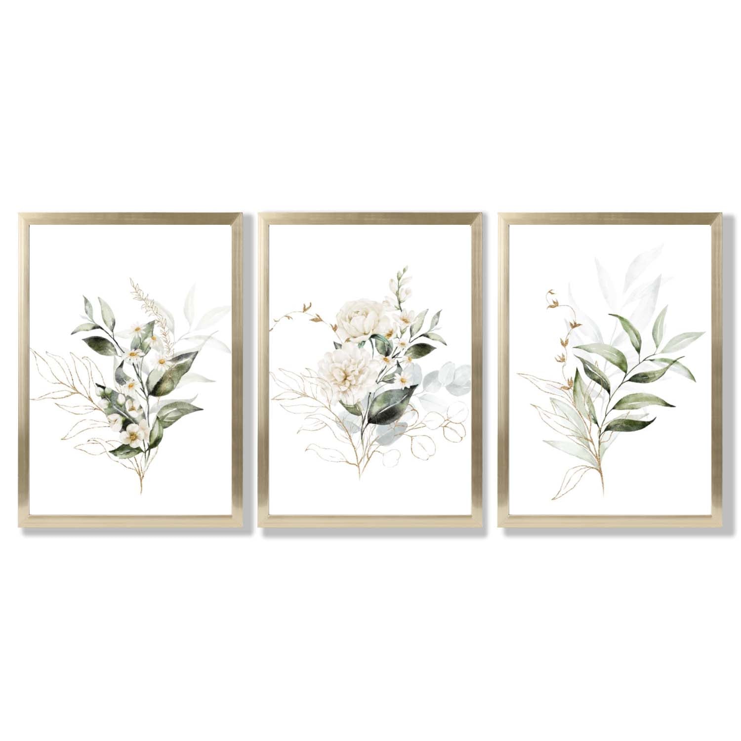 White an Green Floral Bouquets Set of 3 Framed Art Prints with Gold Wood Frames