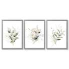 White an Green Floral Bouquets Set of 3 Framed Art Prints with Light Grey Wooden Frames