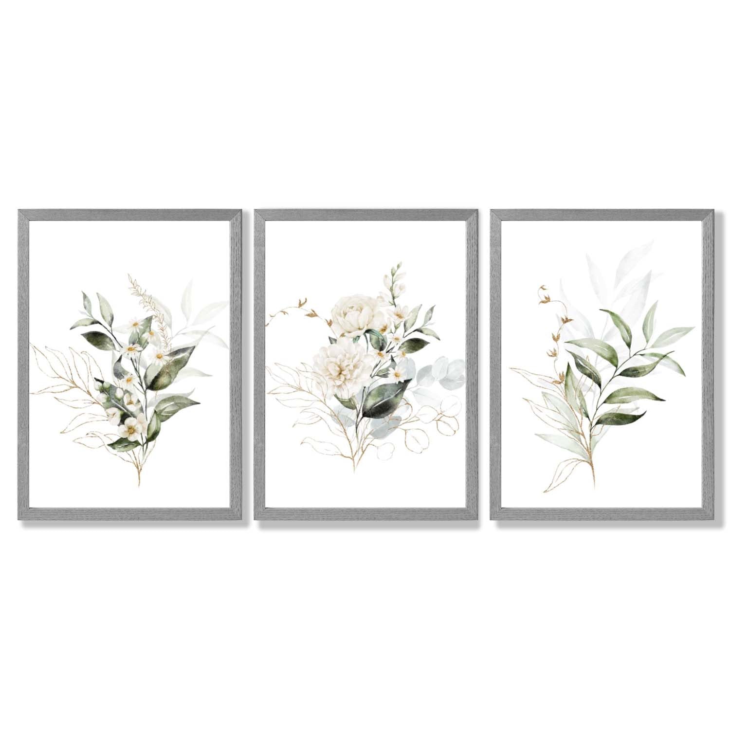 White an Green Floral Bouquets Set of 3 Framed Art Prints with Light Grey Wooden Frames