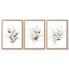 White an Green Floral Bouquets Set of 3 Framed Art Prints with Light Oak Frames