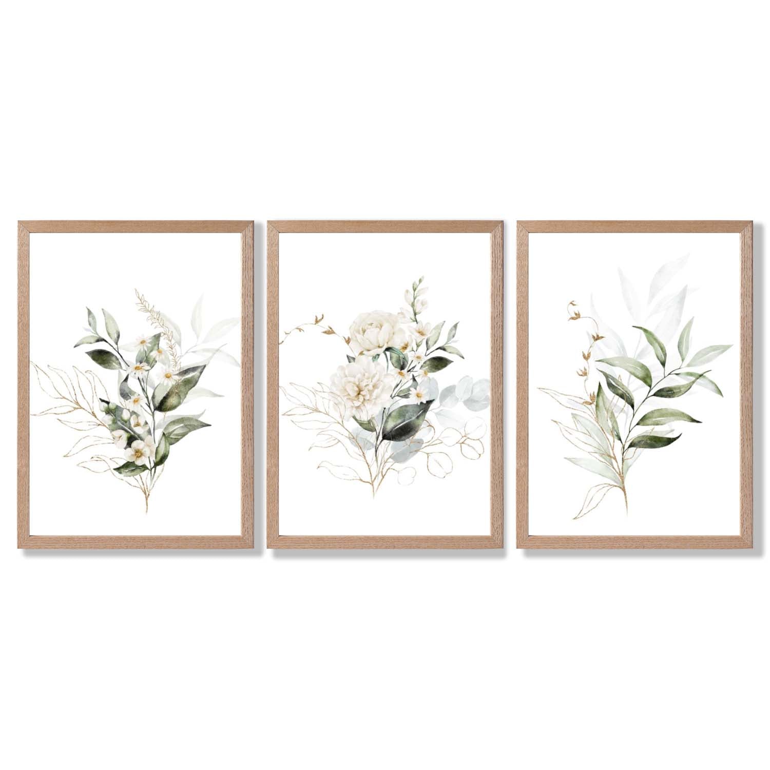 White an Green Floral Bouquets Set of 3 Framed Art Prints with Light Oak Frames