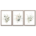 White an Green Floral Bouquets Set of 3 Framed Art Prints with Light Walnut Frames