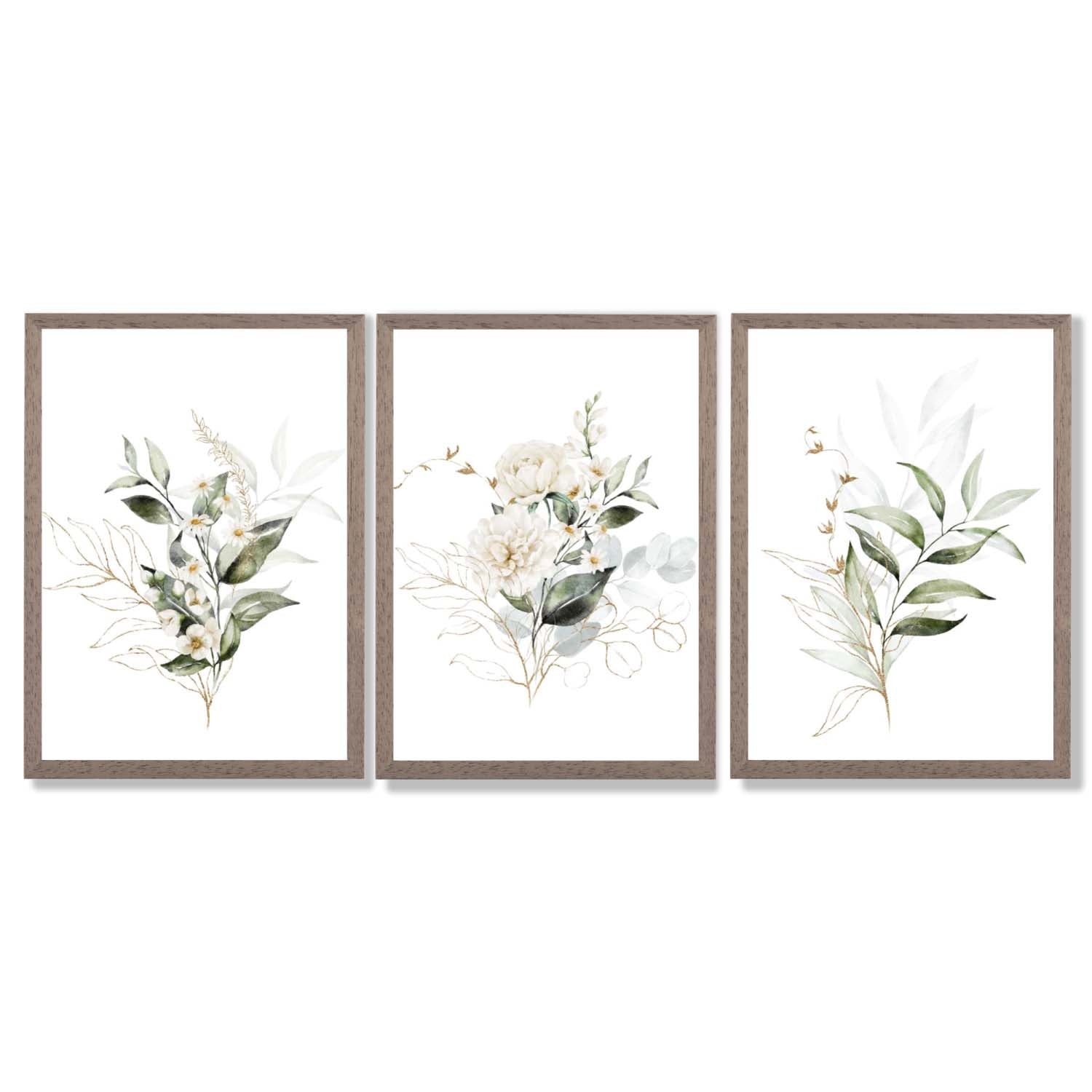 White an Green Floral Bouquets Set of 3 Framed Art Prints with Light Walnut Frames