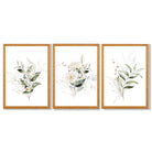 White an Green Floral Bouquets Set of 3 Framed Art Prints with Oak Wooden Frames