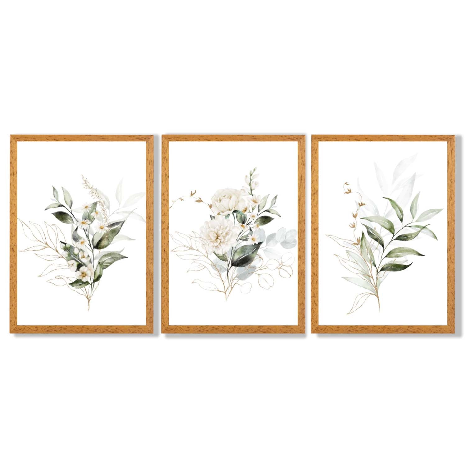 White an Green Floral Bouquets Set of 3 Framed Art Prints with Oak Wooden Frames