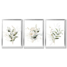 White an Green Floral Bouquets Set of 3 Framed Art Prints with Silver Wood Frames