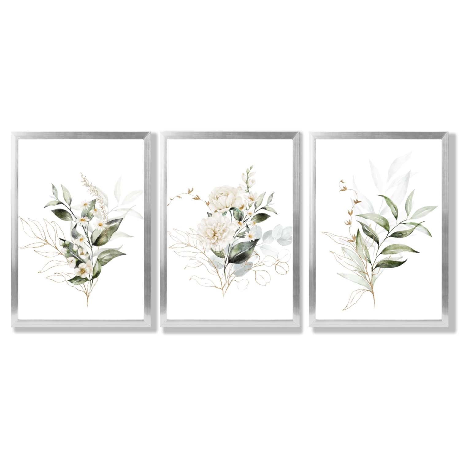 White an Green Floral Bouquets Set of 3 Framed Art Prints with Silver Wood Frames