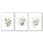 White an Green Floral Bouquets Set of 3 Framed Art Prints with White Wooden Frames