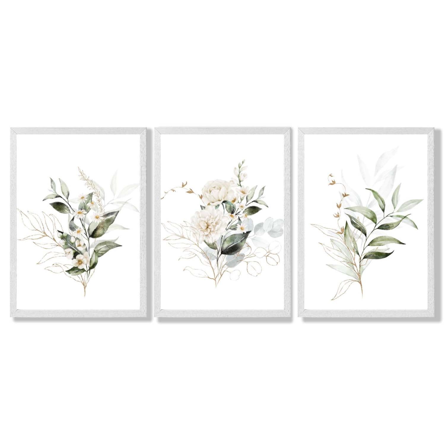 White an Green Floral Bouquets Set of 3 Framed Art Prints with White Wooden Frames