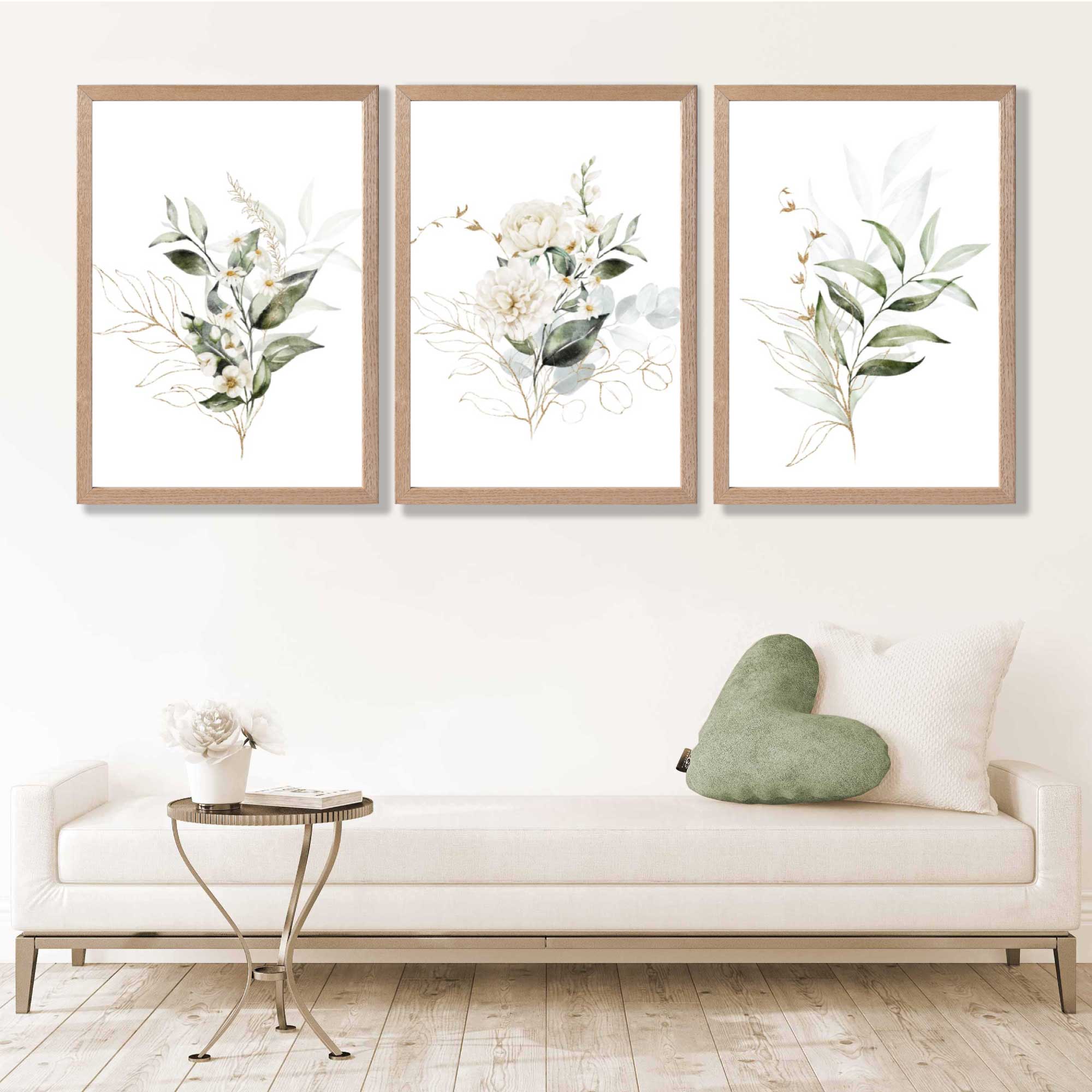 White an Green Floral Bouquets Set of 3 Art Prints in Luxury Frames | Artze UK