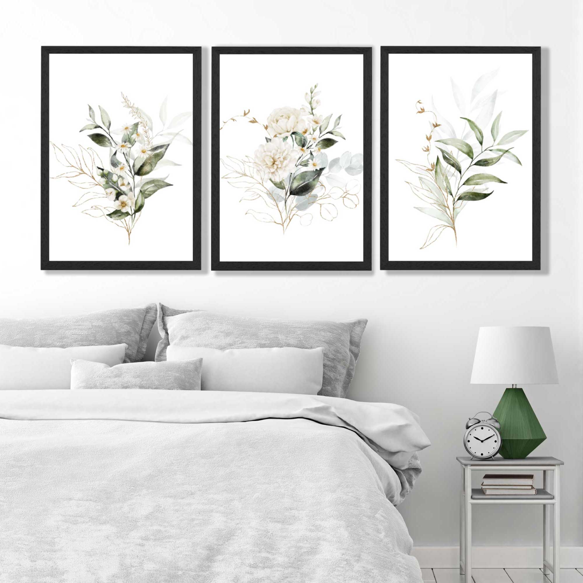 White an Green Floral Bouquets Set of 3 Art Prints in Luxury Frames | Artze UK