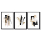 Abstract Minimal Black and Gold Strokes Set of 3 Framed Art Prints with Black Wooden Frames