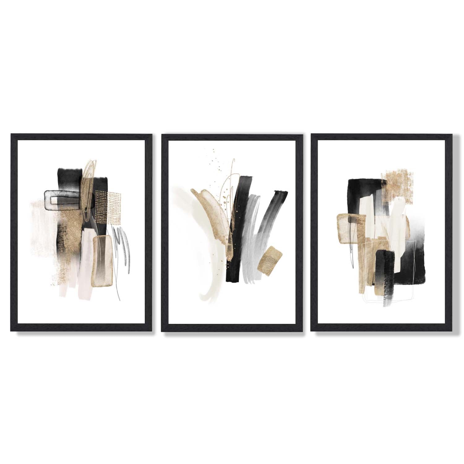 Abstract Minimal Black and Gold Strokes Set of 3 Framed Art Prints with Black Wooden Frames