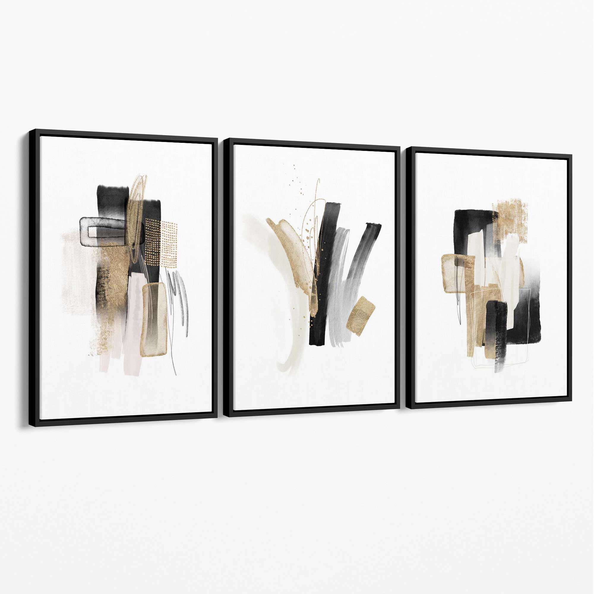 Abstract Minimal Black and Gold Strokes Set of 3 Canvas Art Prints with Black Float Frame