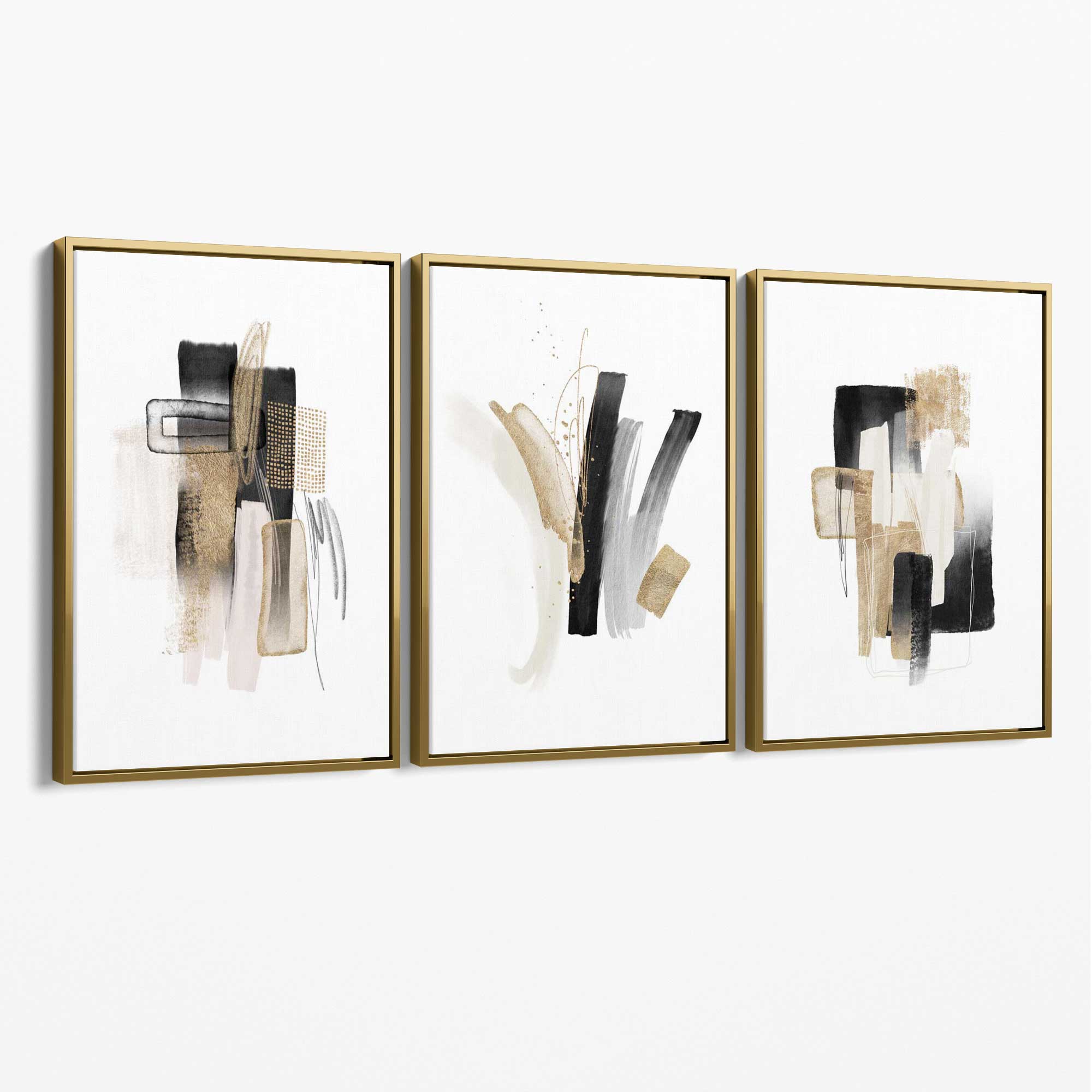 Abstract Minimal Black and Gold Strokes Set of 3 Canvas Art Prints with Gold Float Frame