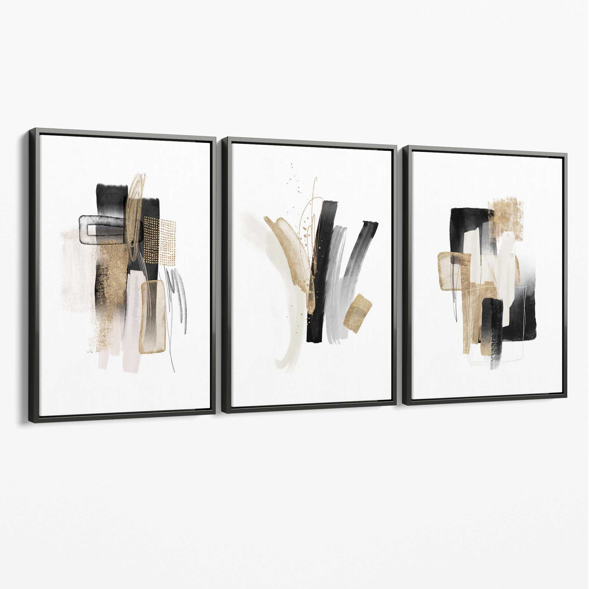Abstract Minimal Black and Gold Strokes Set of 3 Canvas Art Prints with Grey Float Frame