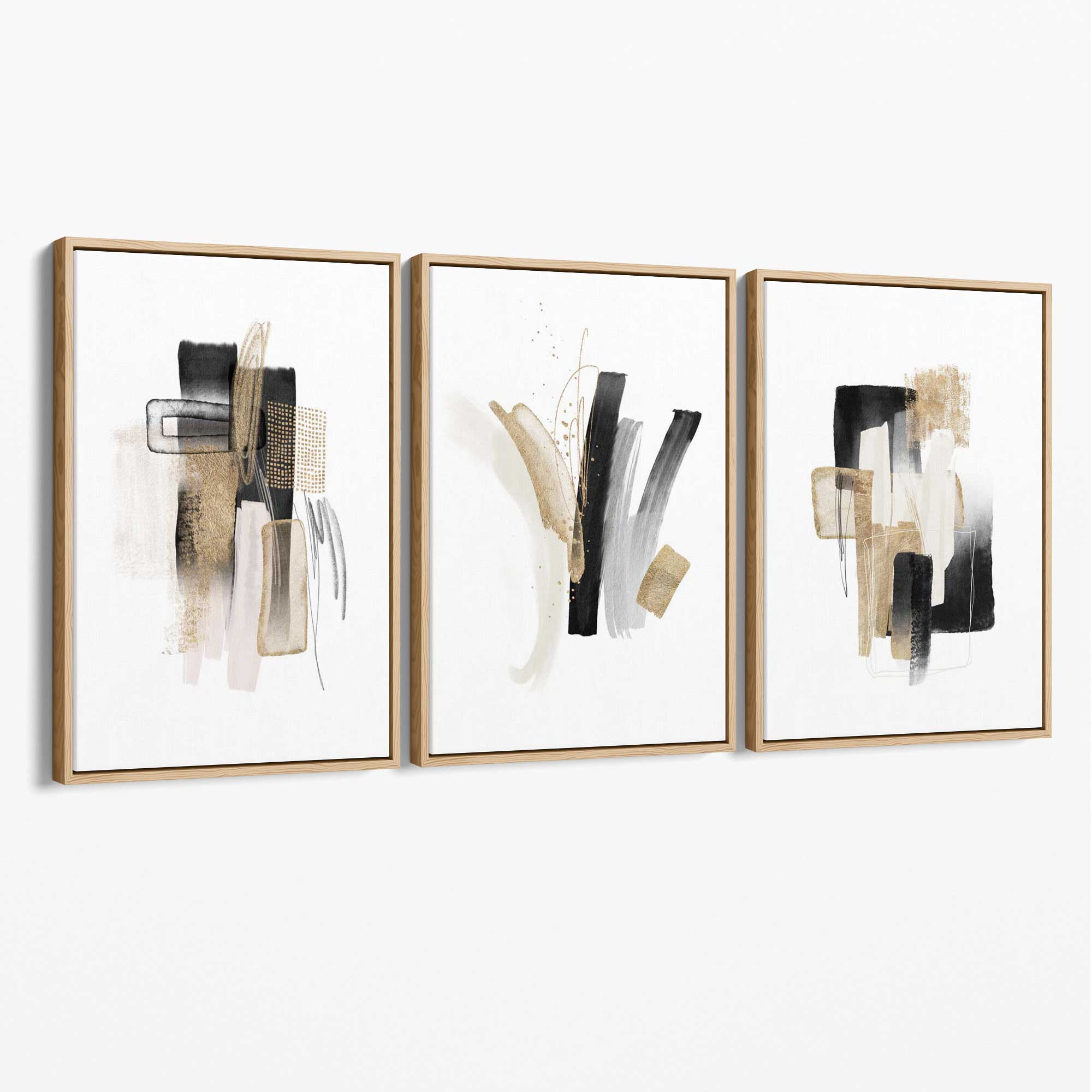 Abstract Minimal Black and Gold Strokes Set of 3 Canvas Art Prints with Oak Float Frame