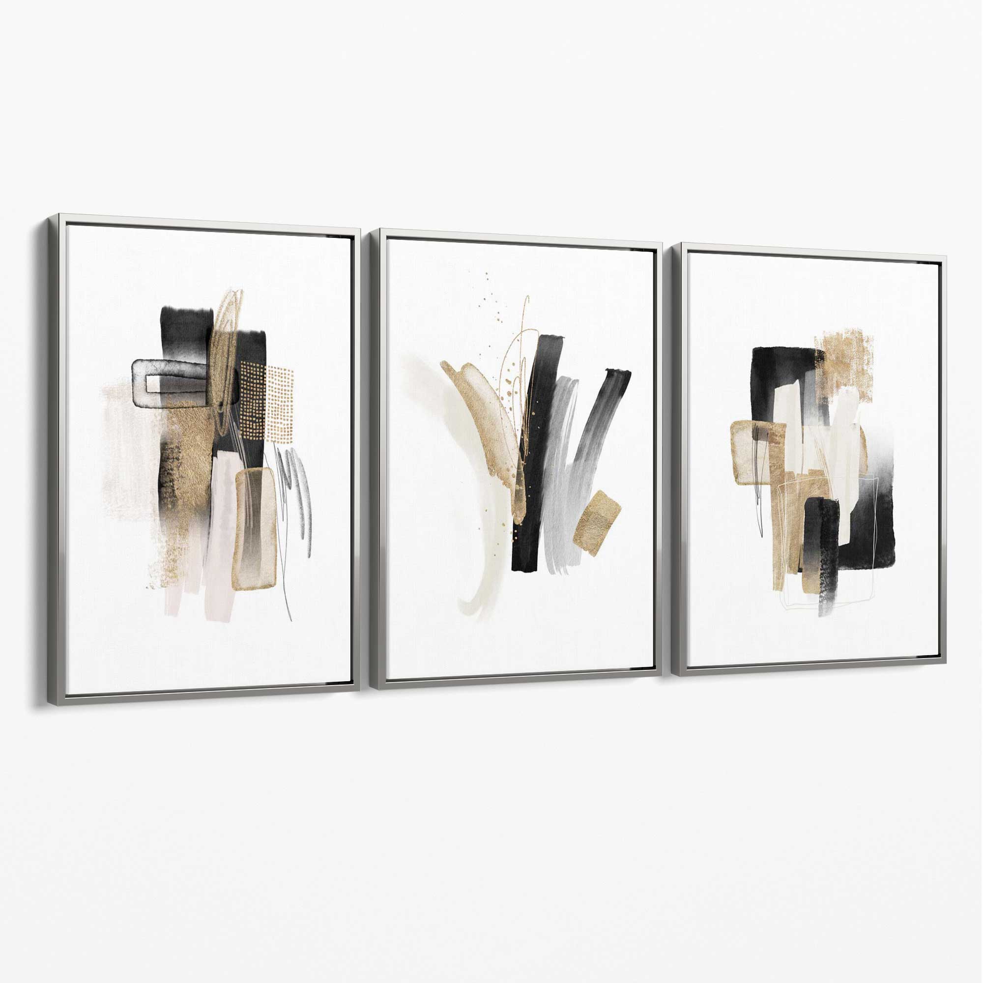 Abstract Minimal Black and Gold Strokes Set of 3 Canvas Art Prints with Silver Float Frame