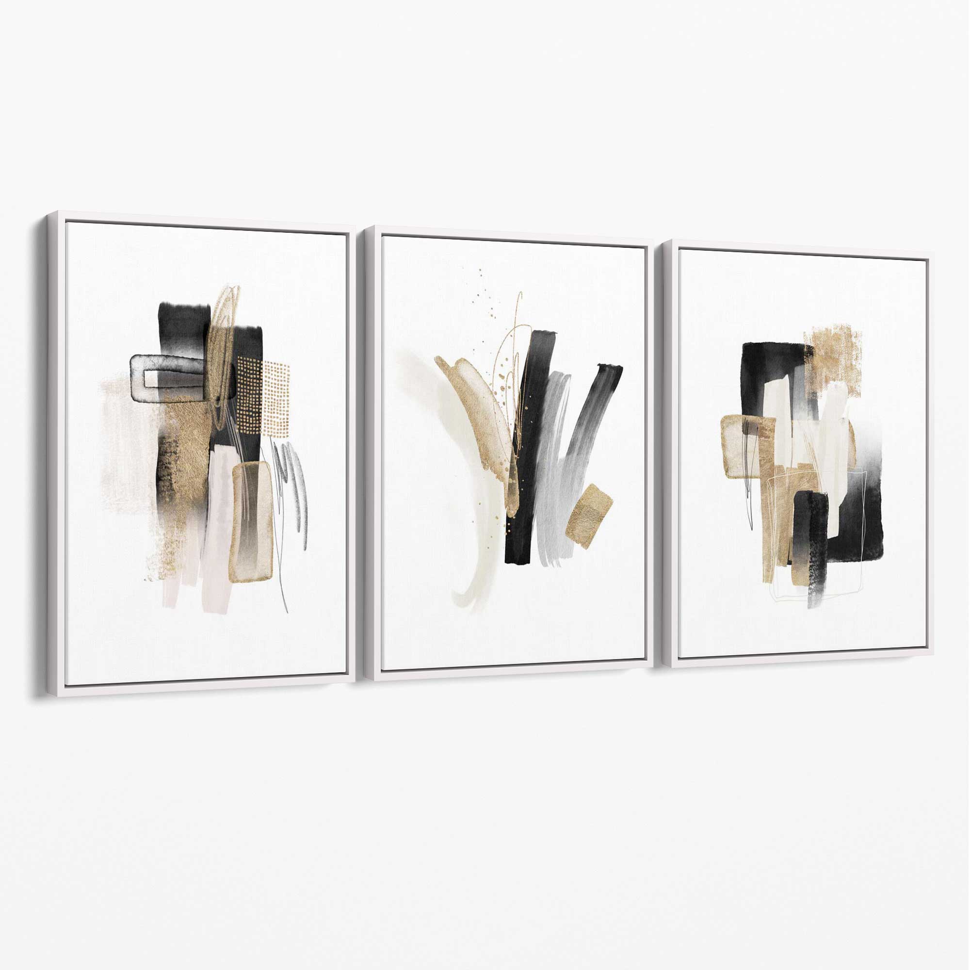 Abstract Minimal Black and Gold Strokes Set of 3 Canvas Art Prints with White Float Frame
