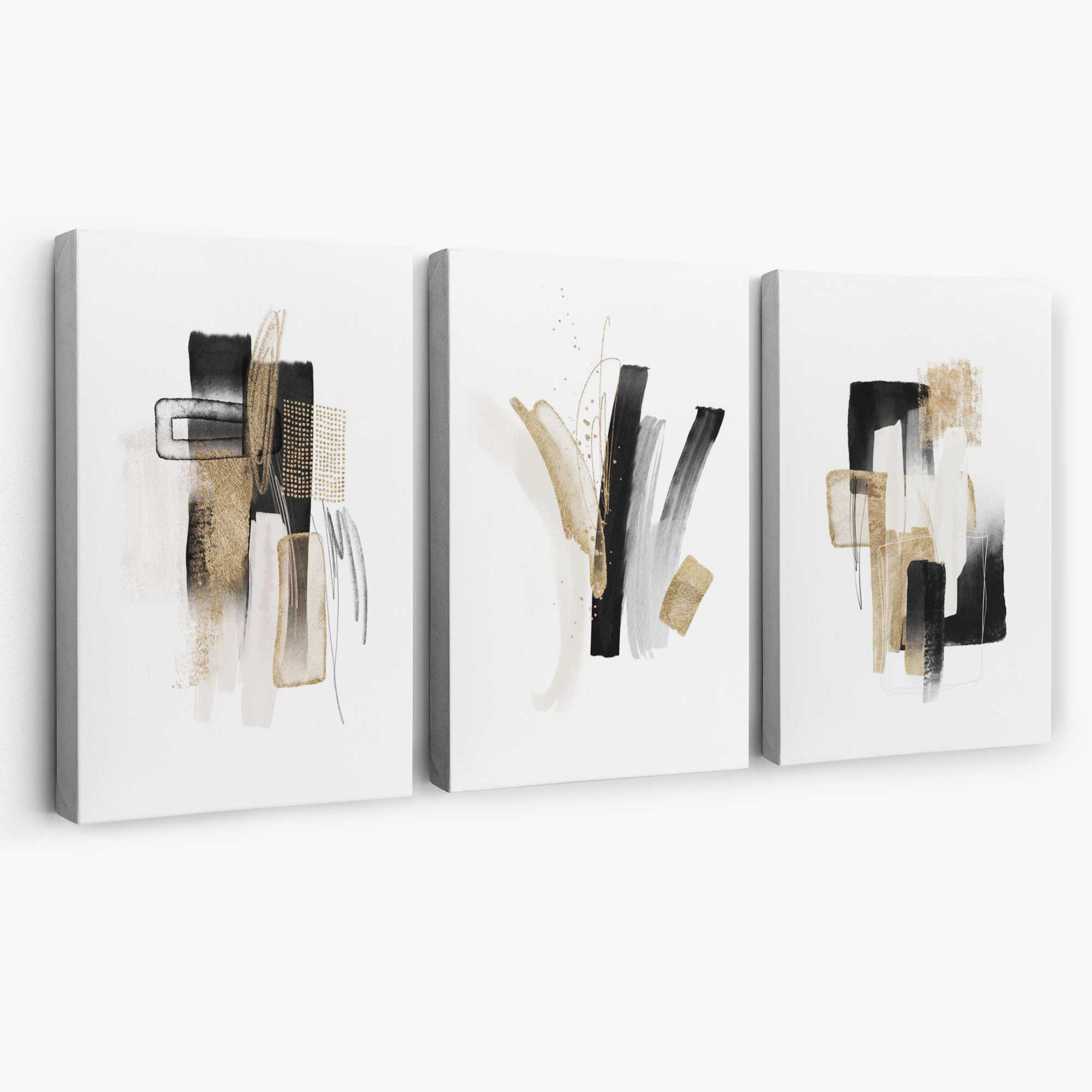 Abstract Minimal Black and Gold Strokes Set of 3 Canvas Art Prints | Artze Wall Art